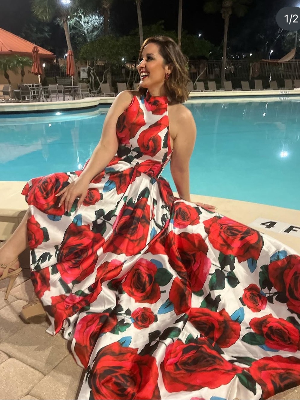Floral Red Rose High-Low Halter Evening Dress